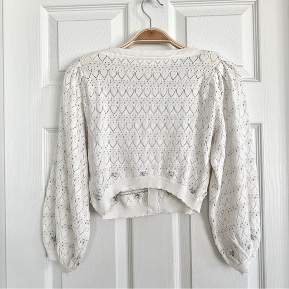 For Love & Lemons White Charleston Crop Balloon Sleeve Cardigan Sweater - Picture 9 of 15